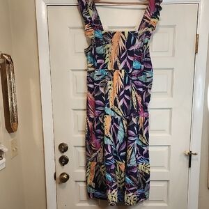 BEACHLUNCHLOUNGE.NWT navy, gold, pink Tropical Floral Print Ruffled Elastic Back